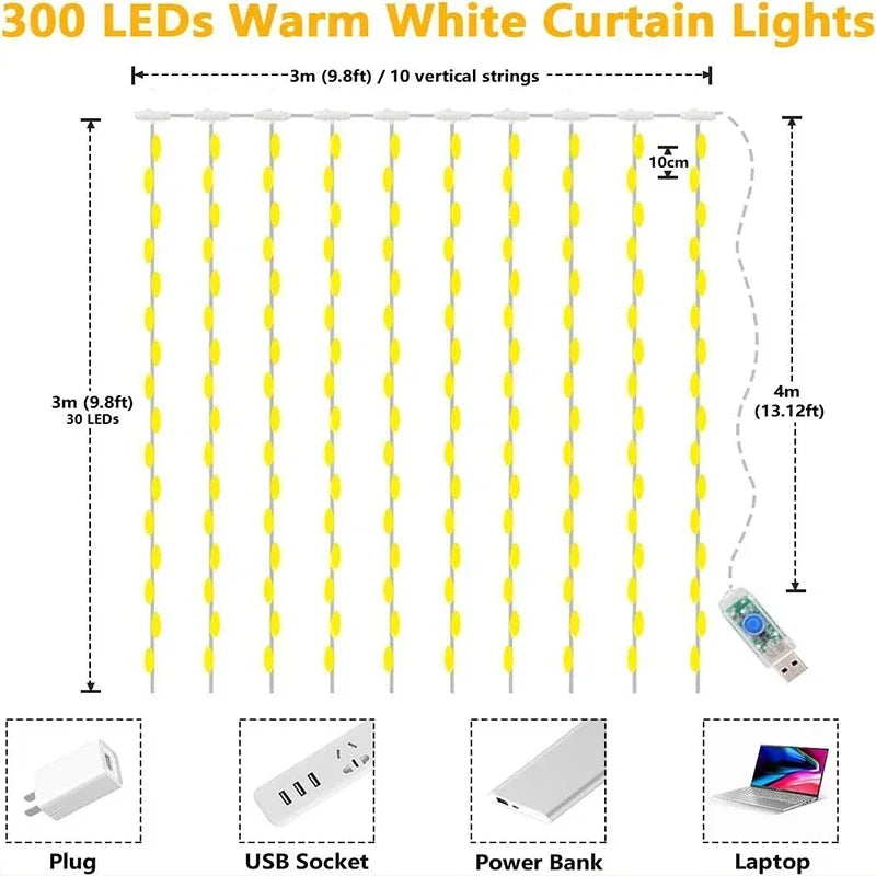 3M LED Curtain String Lights USB