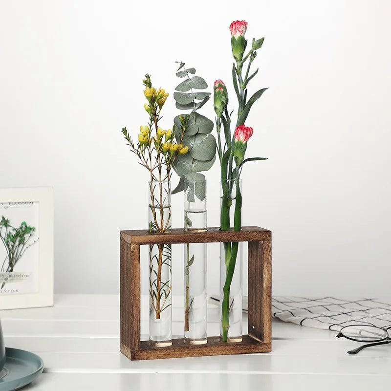5-Tube Glass Hydroponic Planter with Wooden Stand