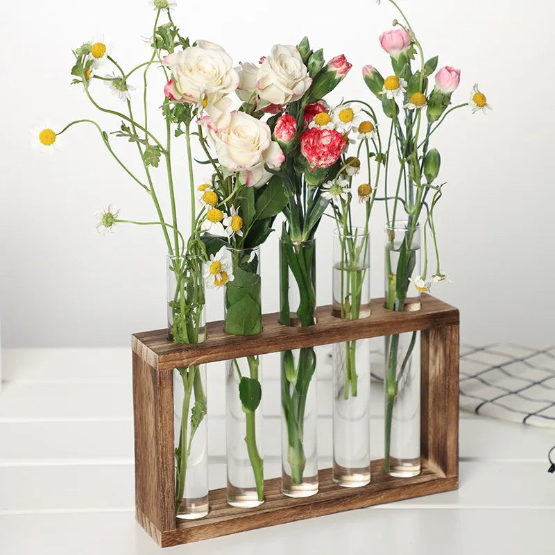 5-Tube Glass Hydroponic Planter with Wooden Stand