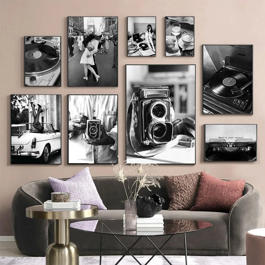 Black And White Vinyl Record Camera Wall Art