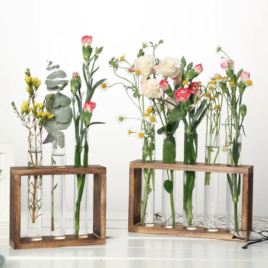 5-Tube Glass Hydroponic Planter with Wooden Stand